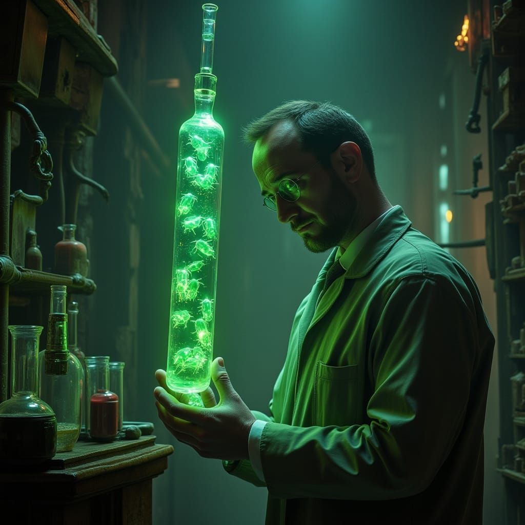 Mad Scientist's Gloomy Lab with Glowing Creatures