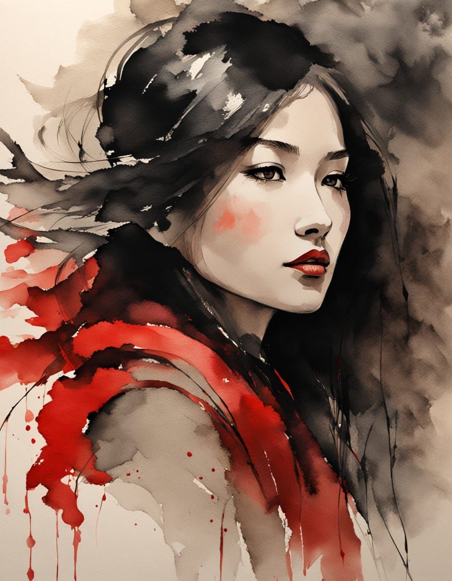 Beautiful Woman in Ink Painting with Red Accents