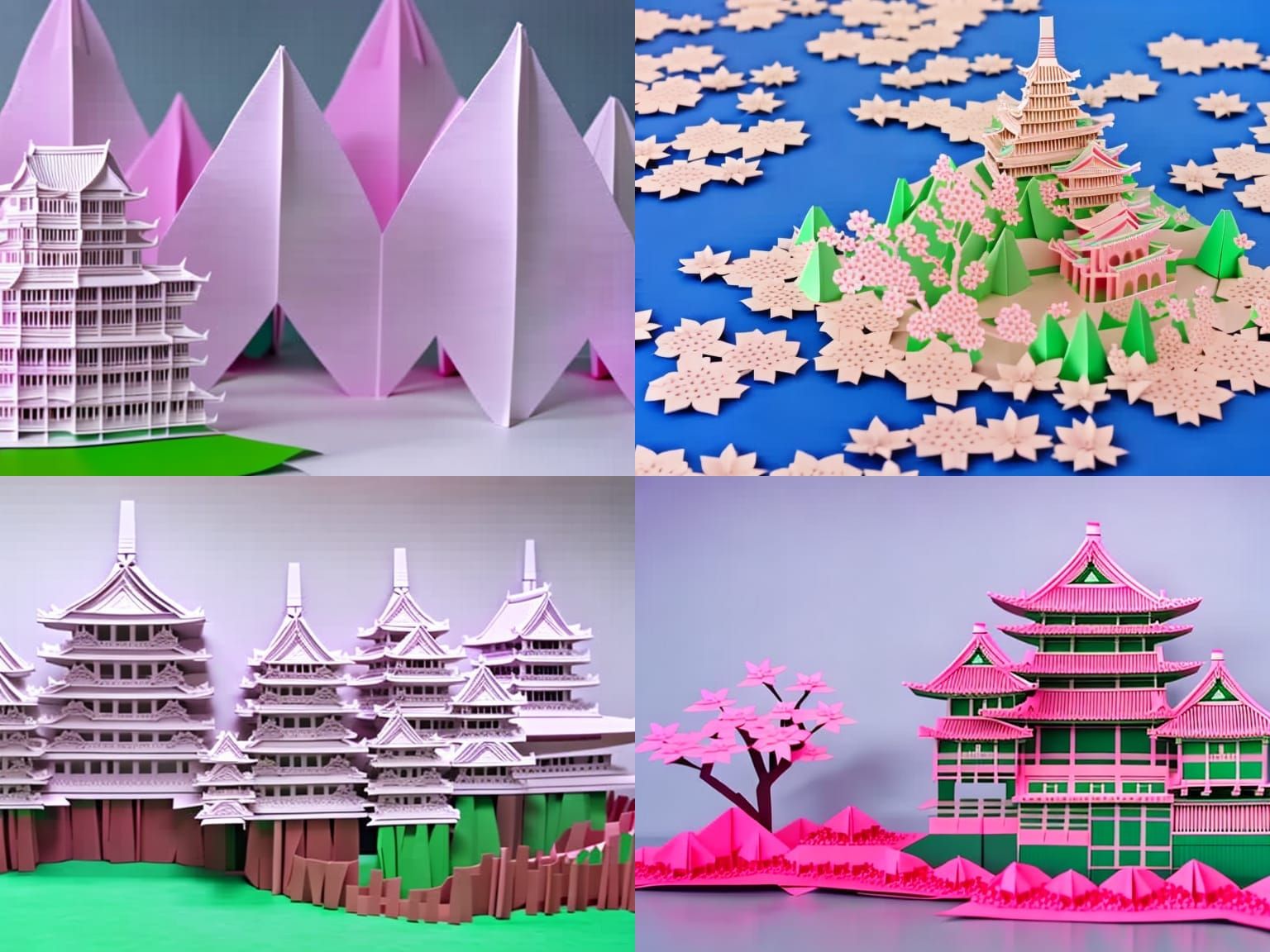 Origami Japanese castle and cherry blossoms. All made of intricately detailed origami, paper cutouts and folds, highly d...