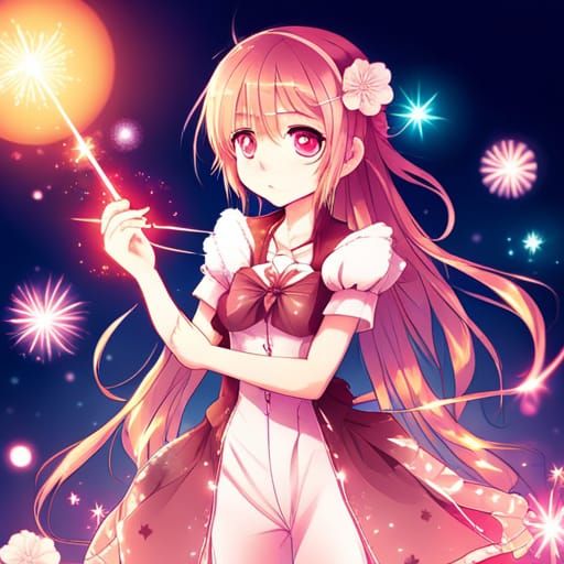 Sparkling Anime Girl Surrounded by Stars and Fireworks