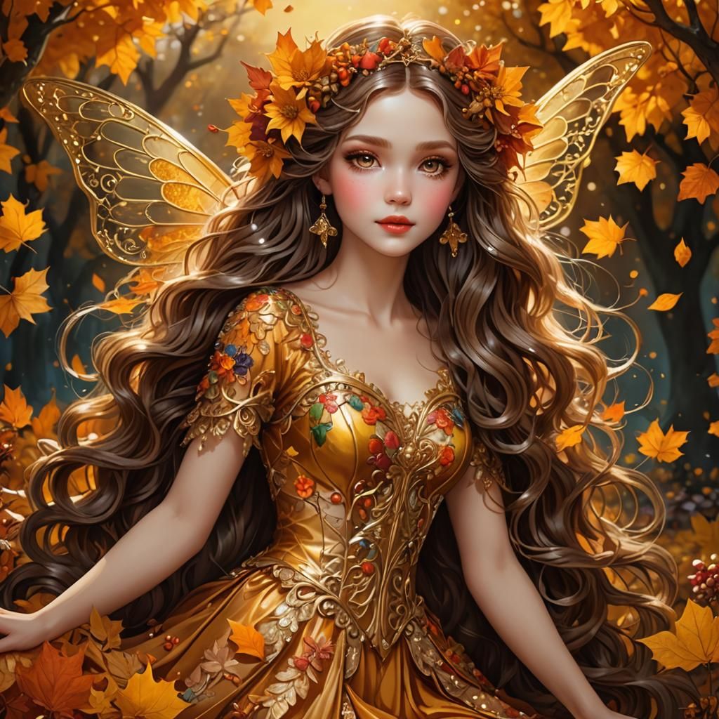 Hyperdetailed Autumn Fairy with Golden Wings