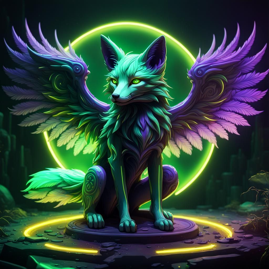 Winged Green Fox in Dark Fantasy Style