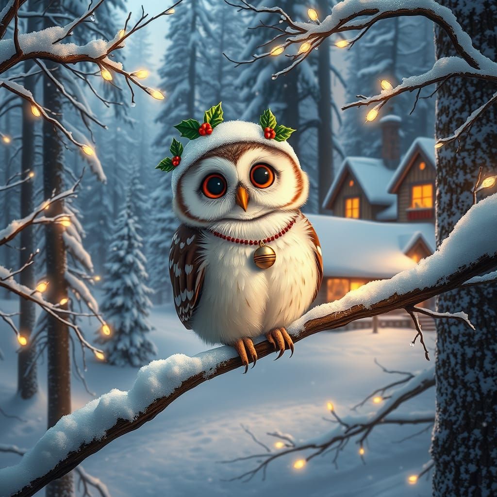 Baby Owl in Winter Wonderland with Christmas Decorations