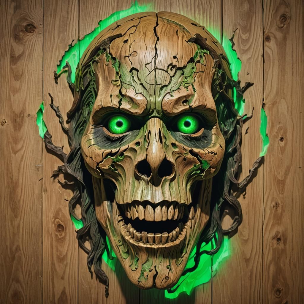 Eerie Wooden Ghost Head with Glowing Green Eyes