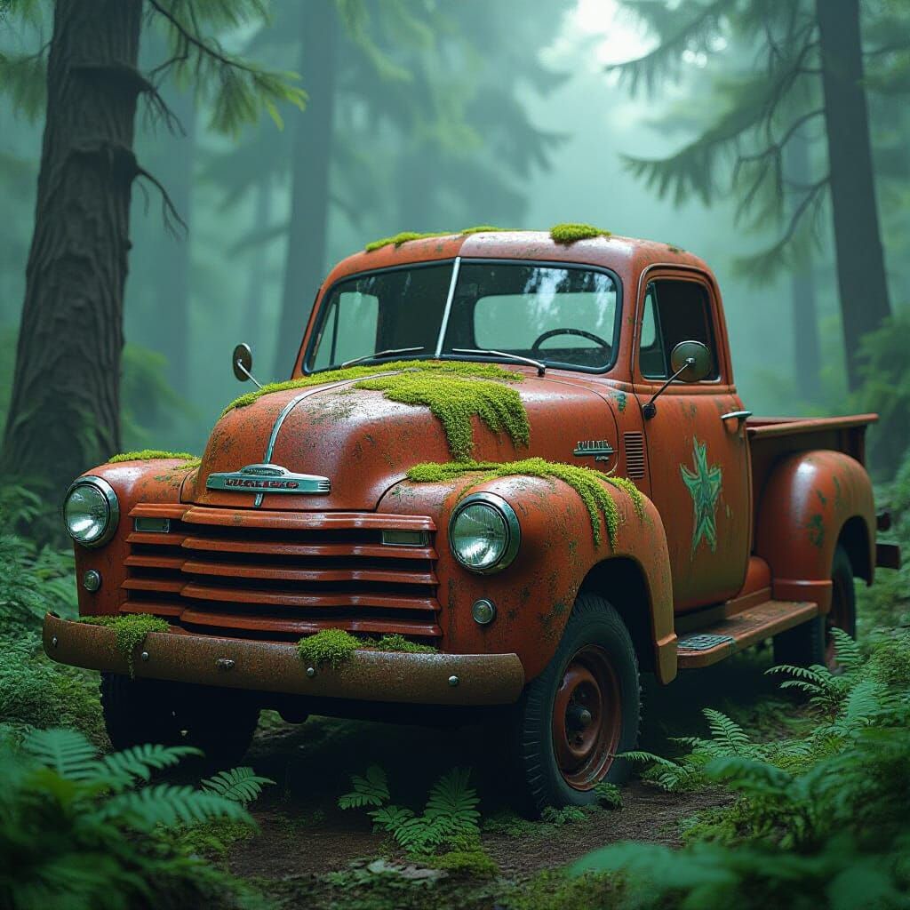 Moss-Covered Steering Wheel in Abandoned Truck, Dystopian Ar...