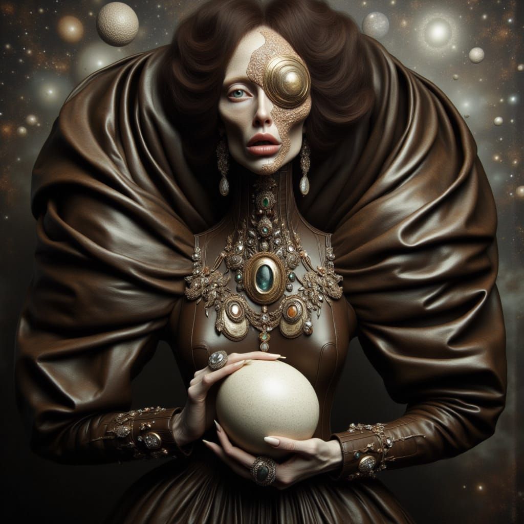 Surreal Elongated Woman Cradling Egg