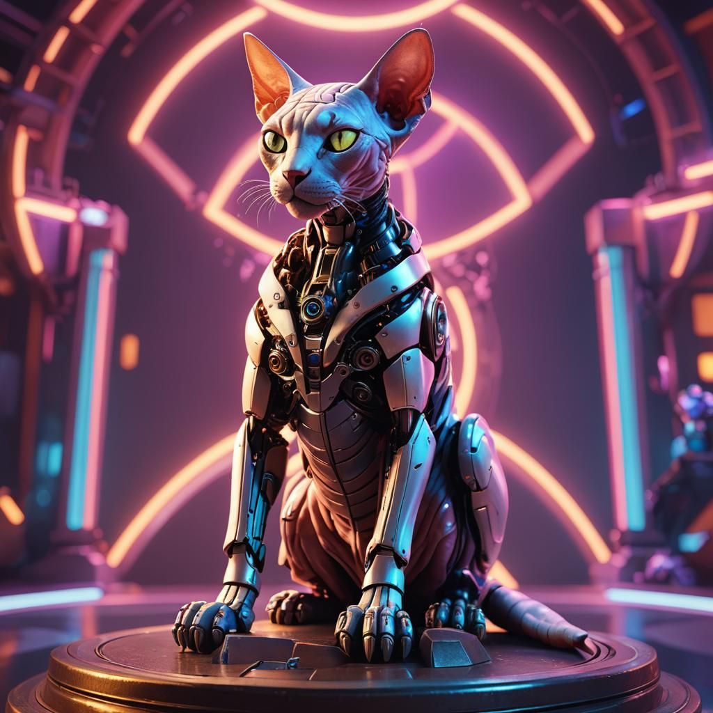 Robotic Sphynx Cat on Pedestal: 3D Concept Art