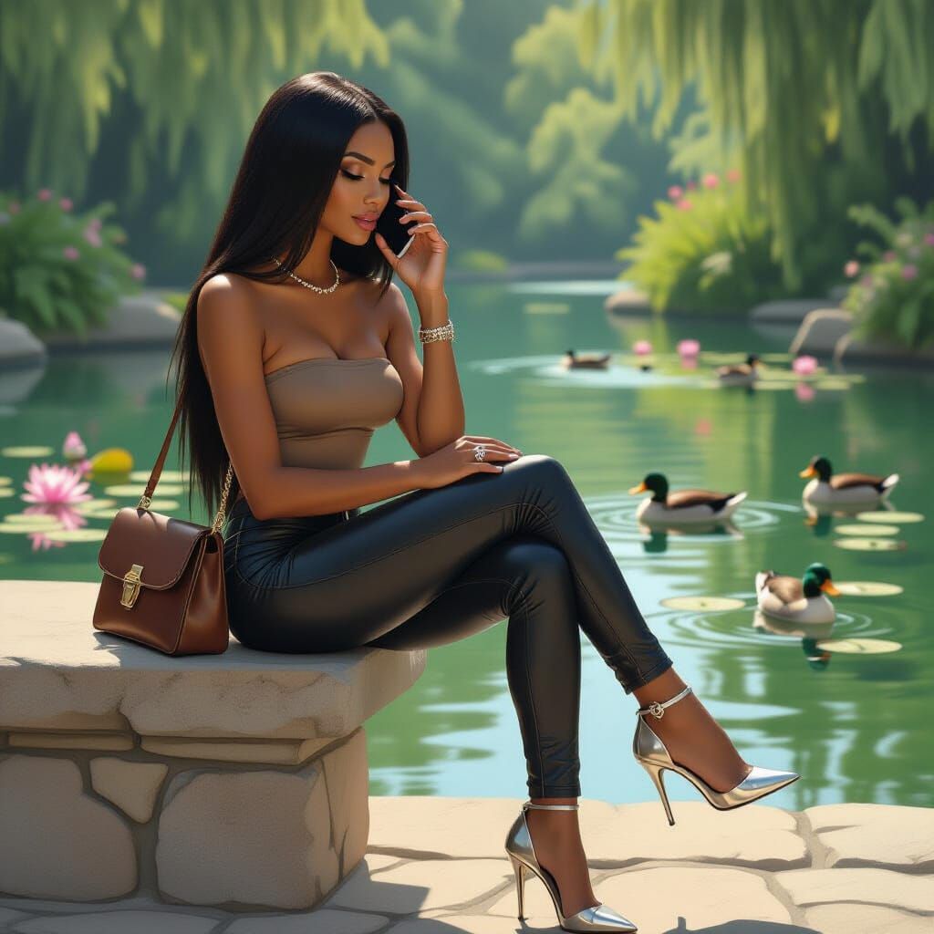 Realistic Image of Woman by Pond on Cell Phone