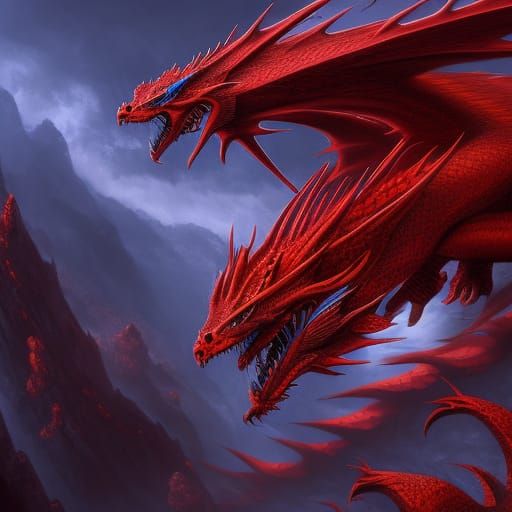 Red and Blue Dragon in Detailed Matte Painting