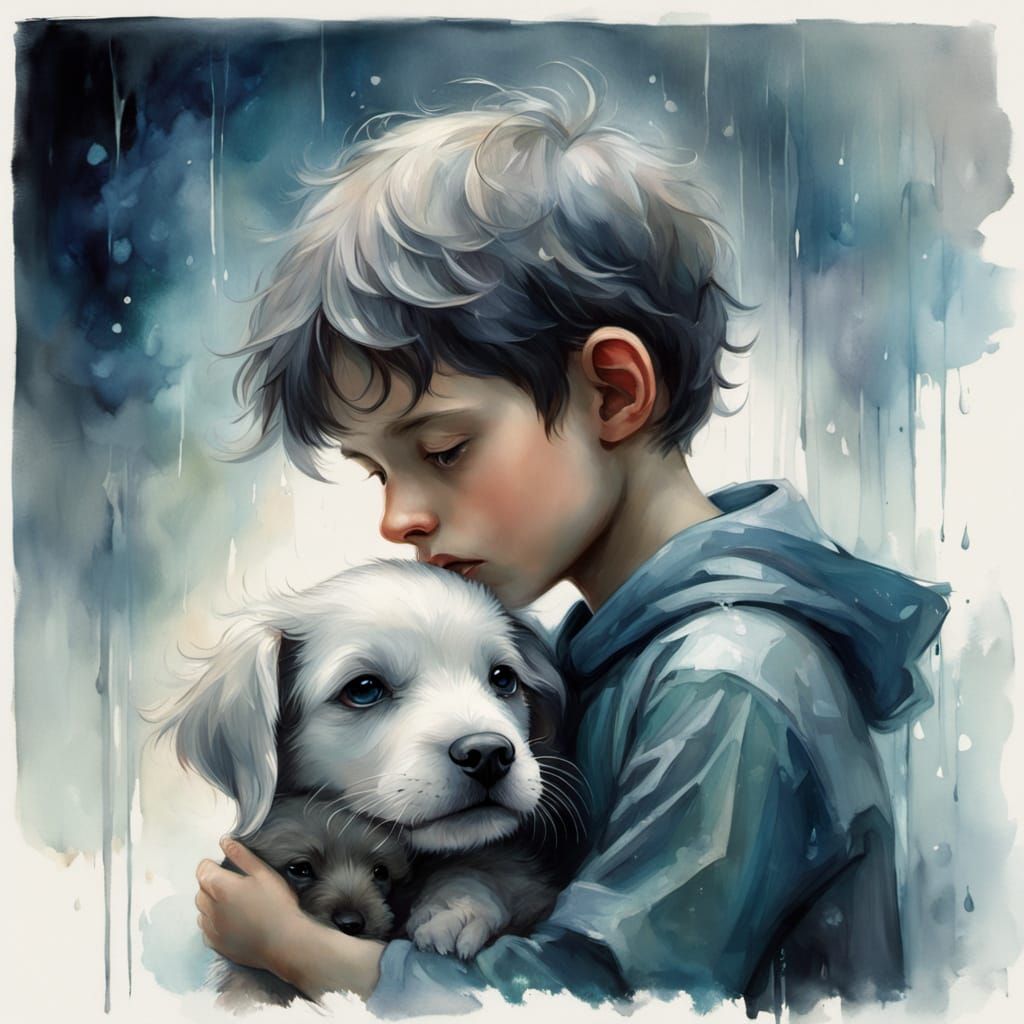 Boy Shields Rain-Soaked Puppy, Angel Watches