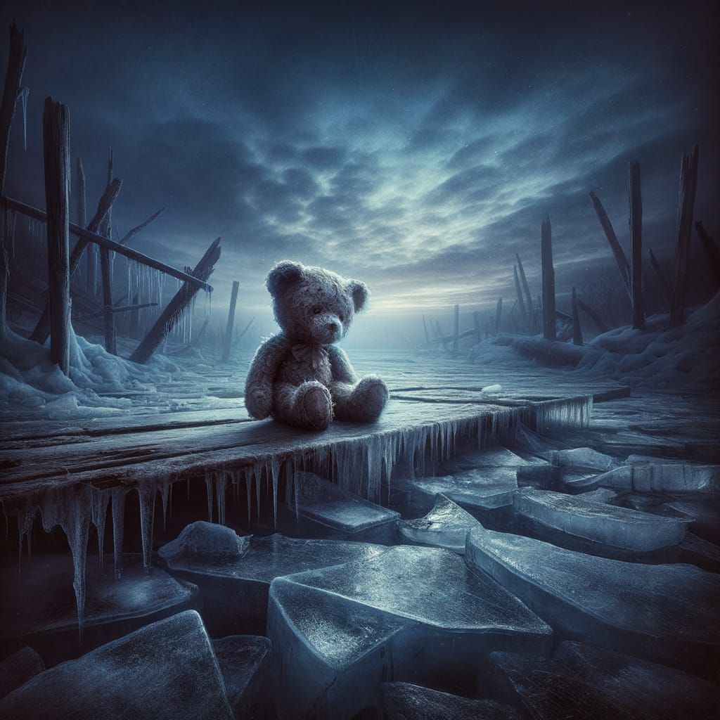 Melancholy Teddy Bear on Cracked Ice Rink at Twilight