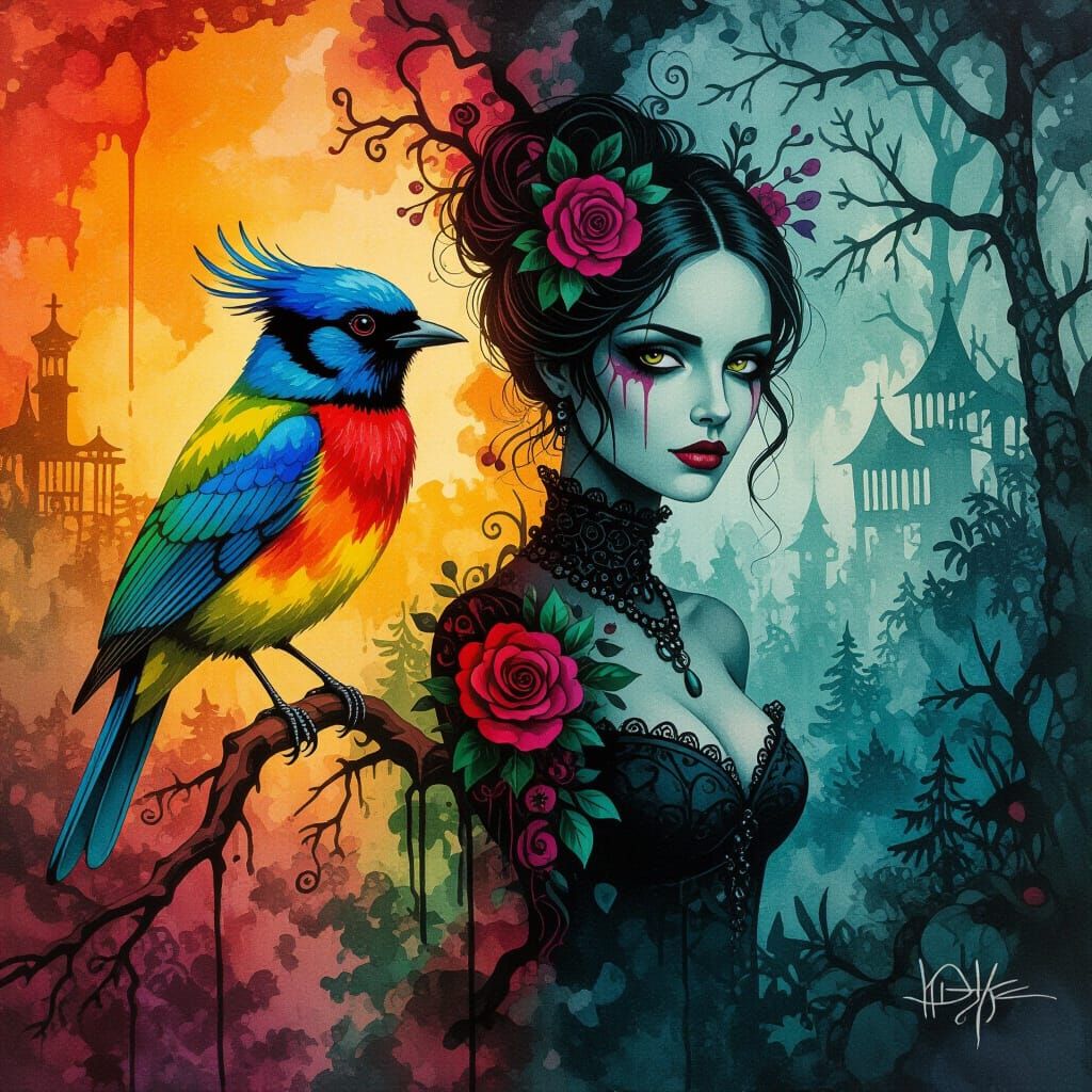 Basquiat & Tim Burton Style Art: Bird and Woman in Dark Fant...