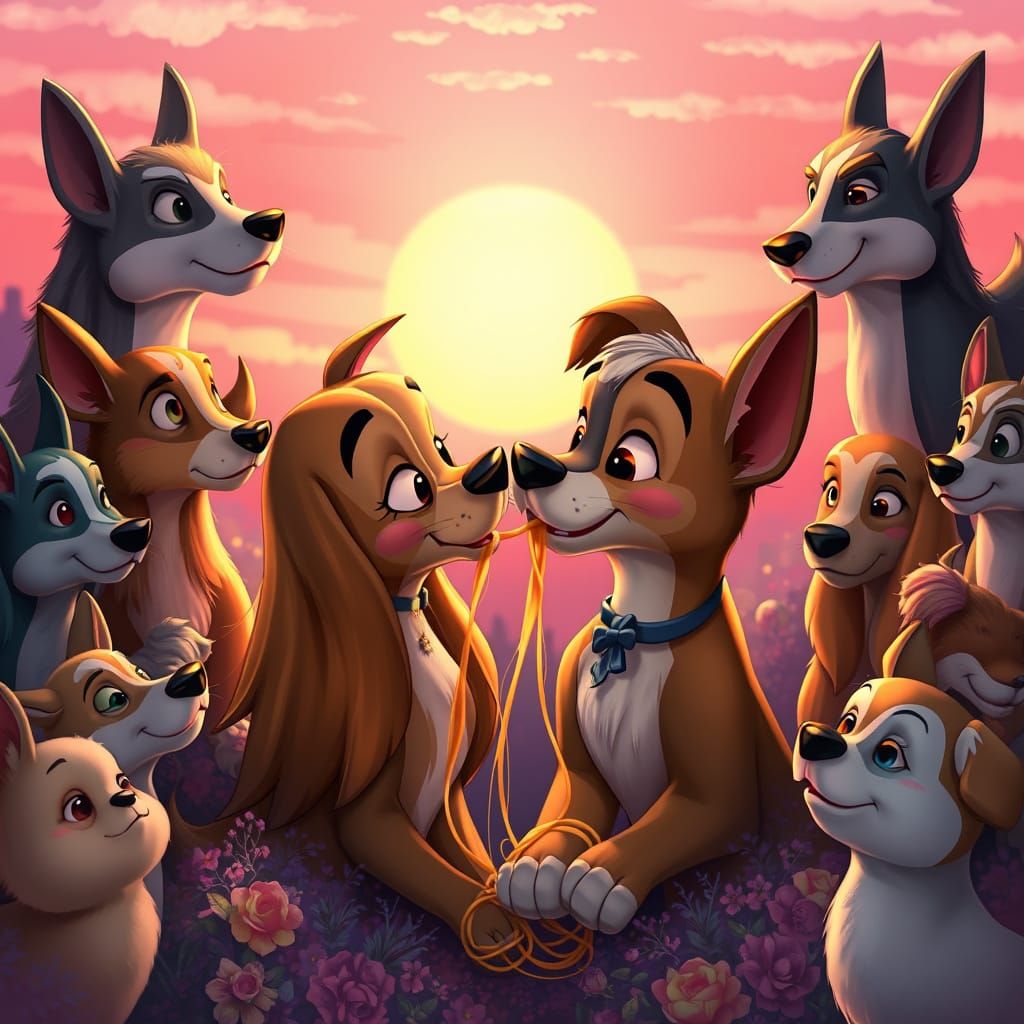 Cartoon style animal couples with Lady and the Tramp sharing  a romantic moment