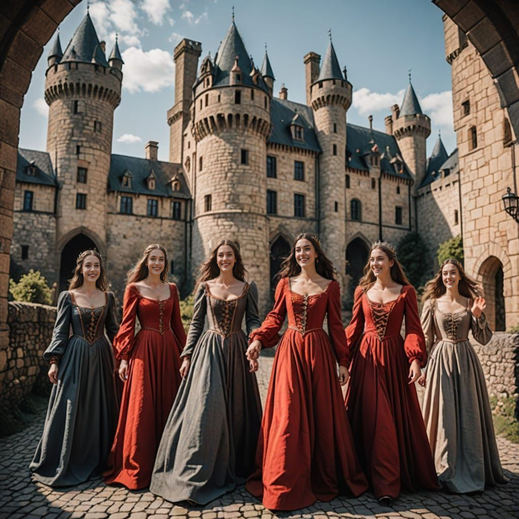 Medieval Castle Scene with Smiling Maidens
