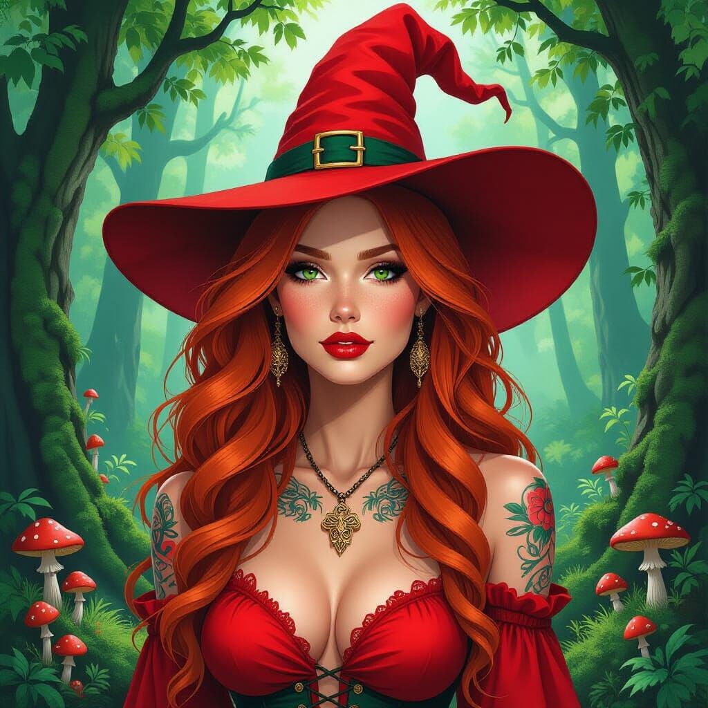 Celtic Witch in Lush Forest, Gouache Watercolor Style