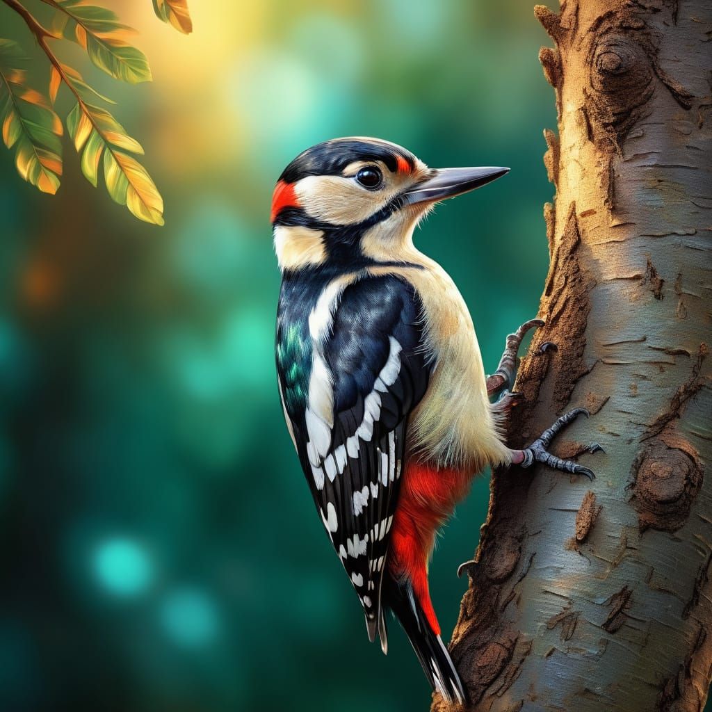 Great Spotted Woodpecker in Vibrant Oil Painting Style