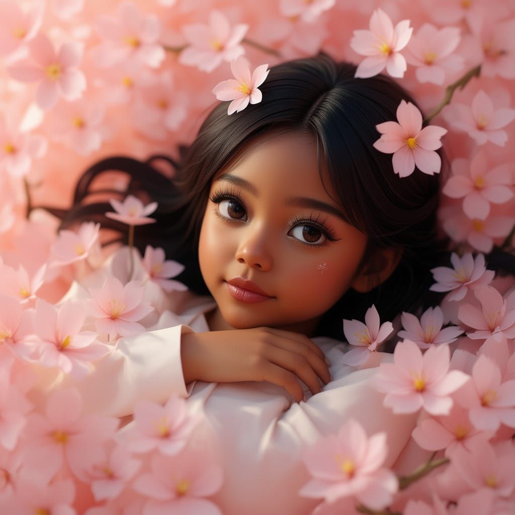Girl Covered in Pink Cherry Blossoms in Papercraft Style