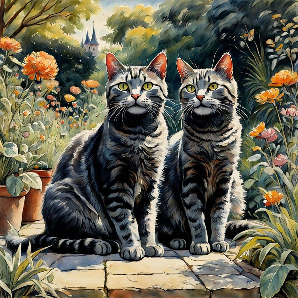 Laughing Cats in Garden as Gouache Charcoal Drawing