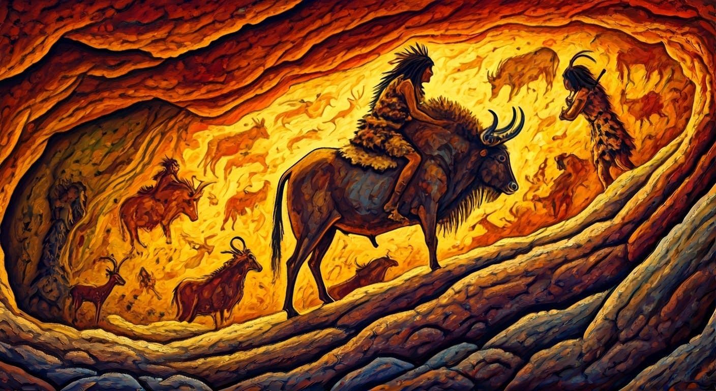 Primitive Human Cave Painting in Earthy Tones