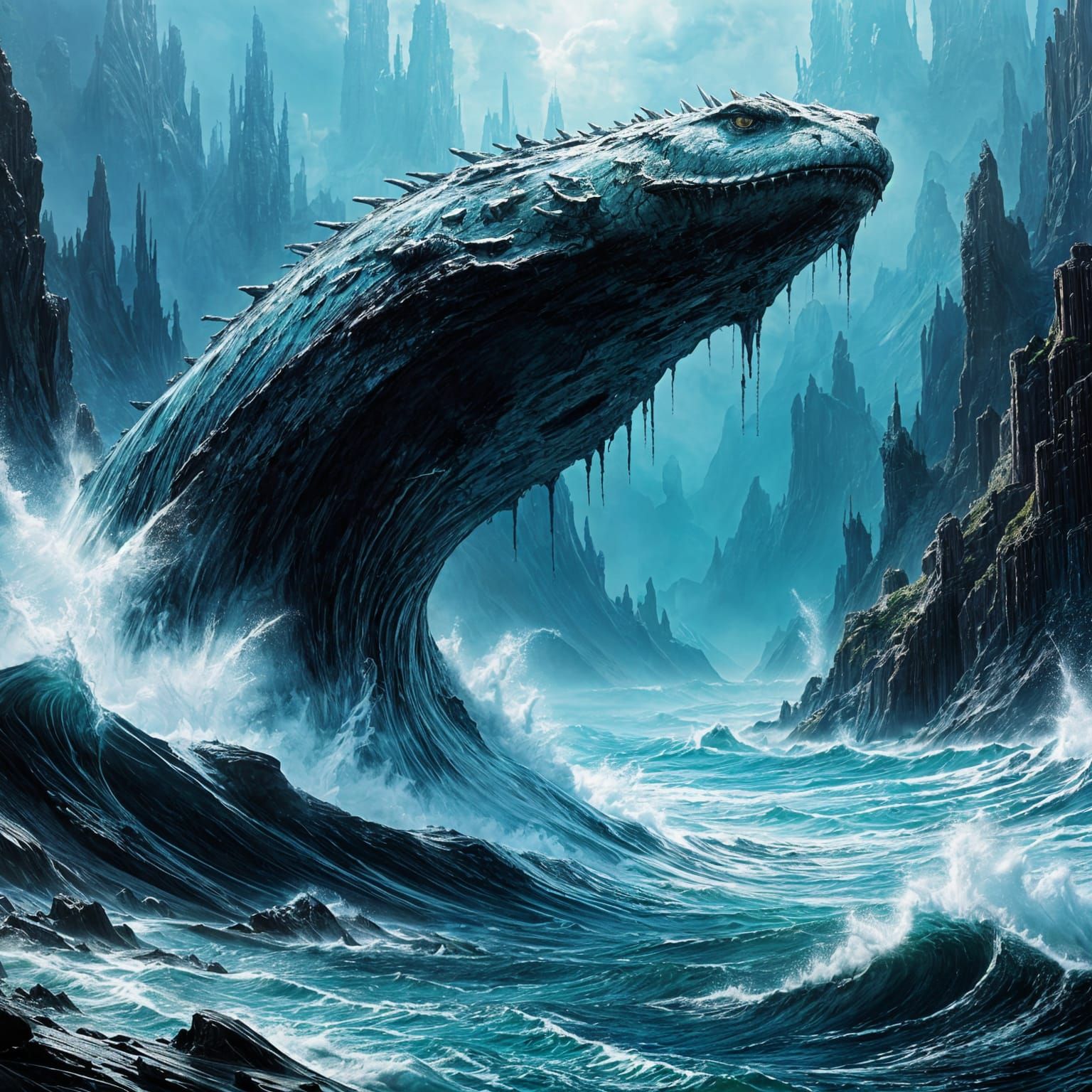 Colossal Obsidian Sea Serpent Rises From Stormy Ocean