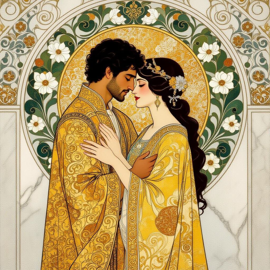 Marble Sculpture of Embracing Couple in Klimt Style