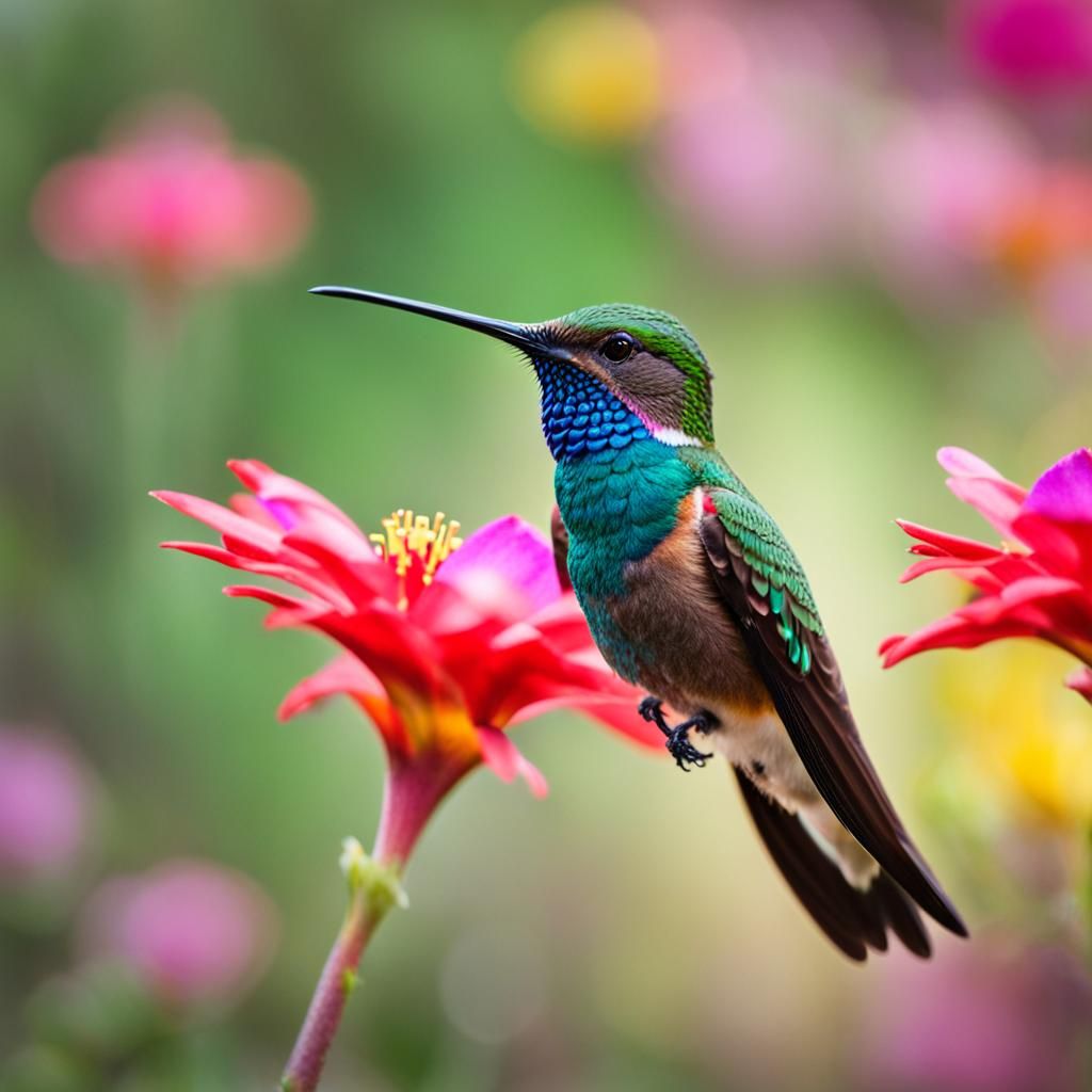 Hummingbird Among Flowers: Professional Sharp Photography