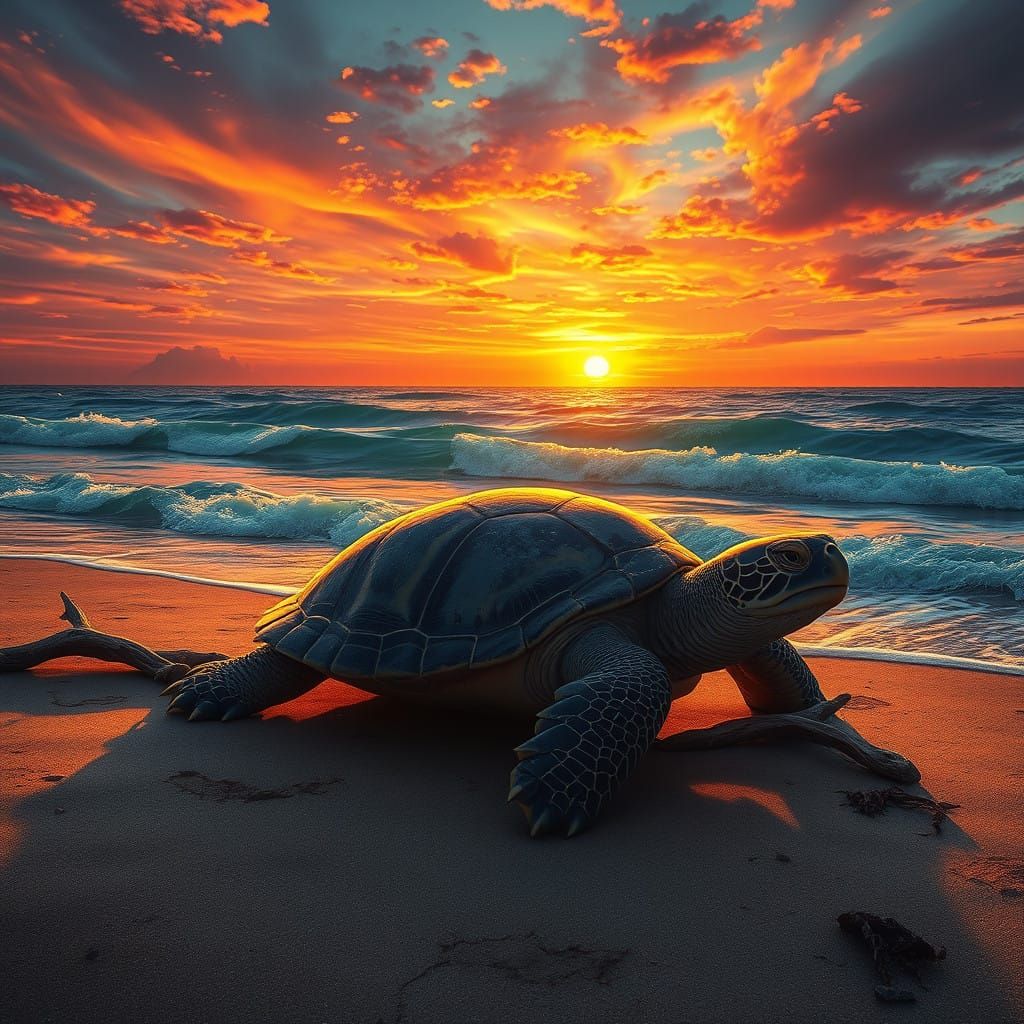Serene Turtle in Golden Light Amidst Fantastical Sunset