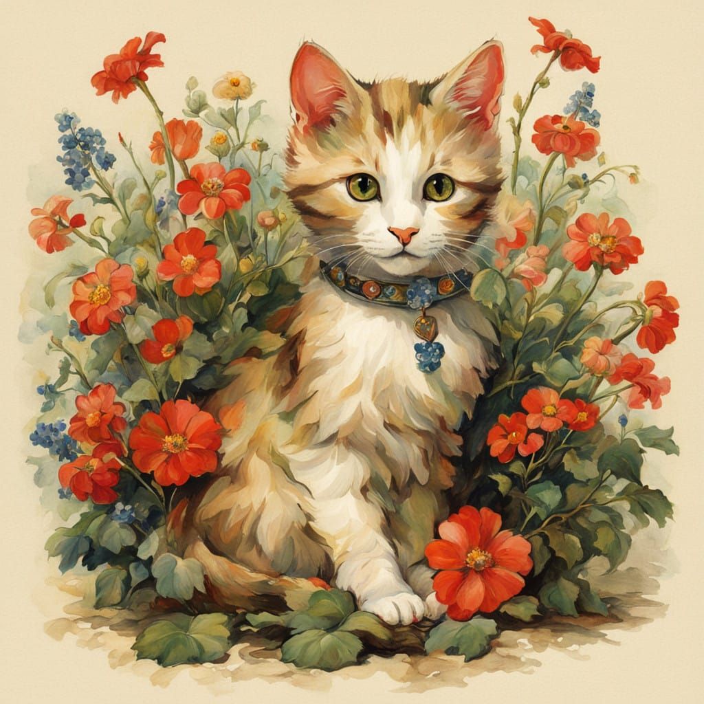 Whimsical Cat in a Medieval Florist's Heaven