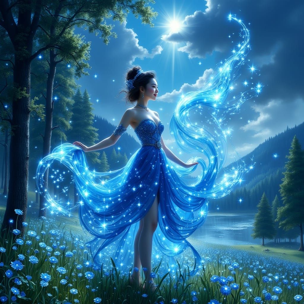 Enchantress Casting Spell in Magical Blue Light