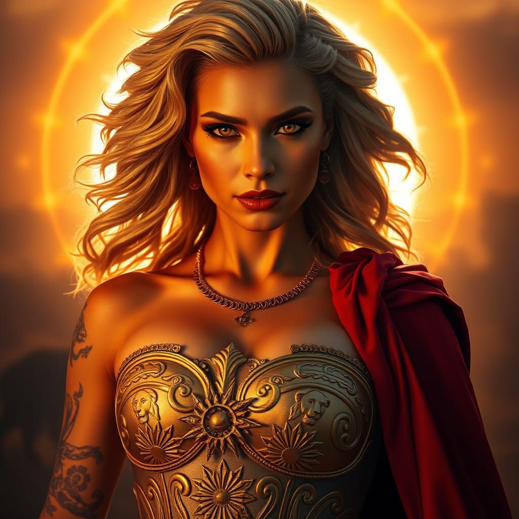 Regal Woman Embodies Passion and Majesty in Golden Armor