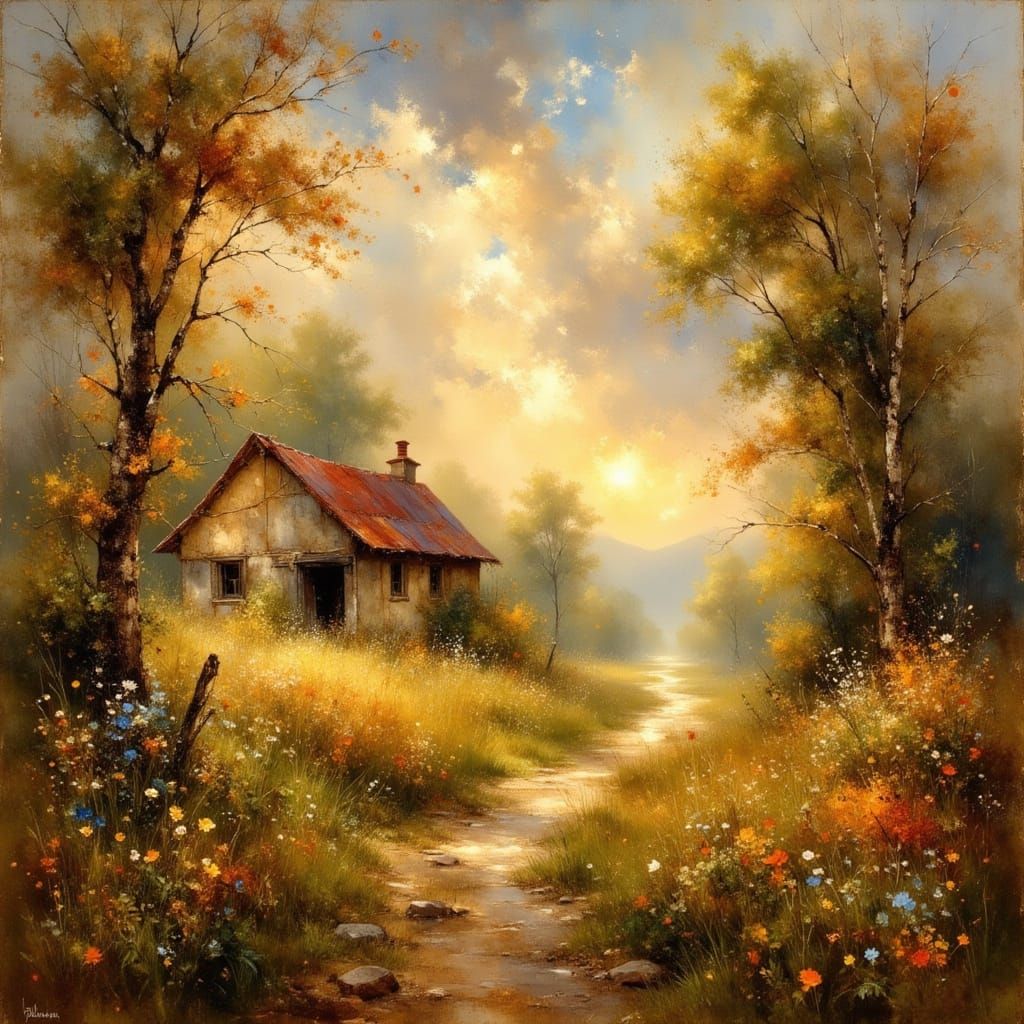 Rustic Farmyard at Golden Hour, Spring Landscape