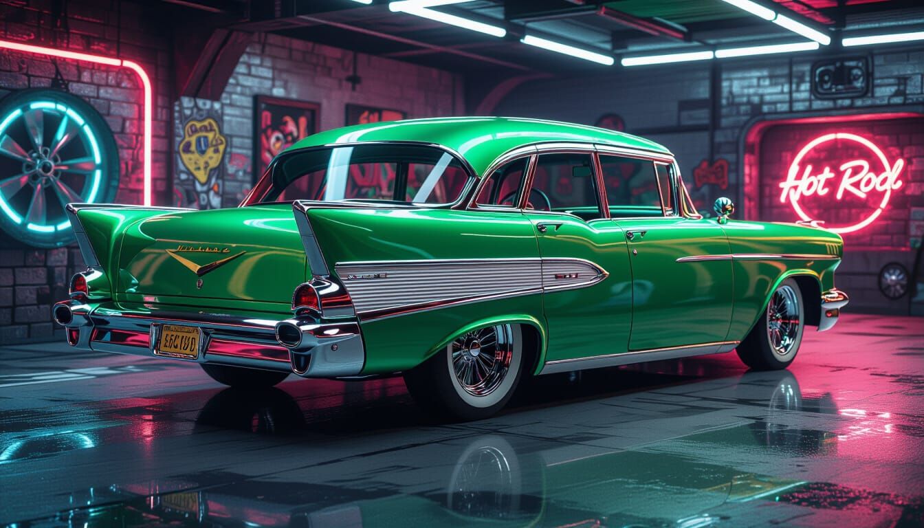 1960 Green Hearse Hot Rod in Dystopian Retro-Futuristic Scen...