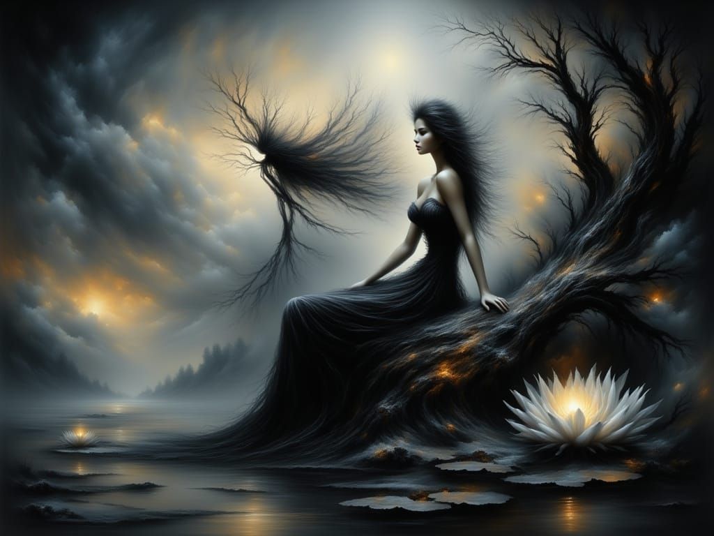 Dark Fairy on Waterlily in Moonlit Pond