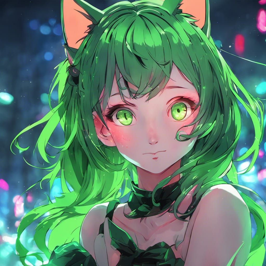 Anime Catgirl Portrait with Neon Green Accents