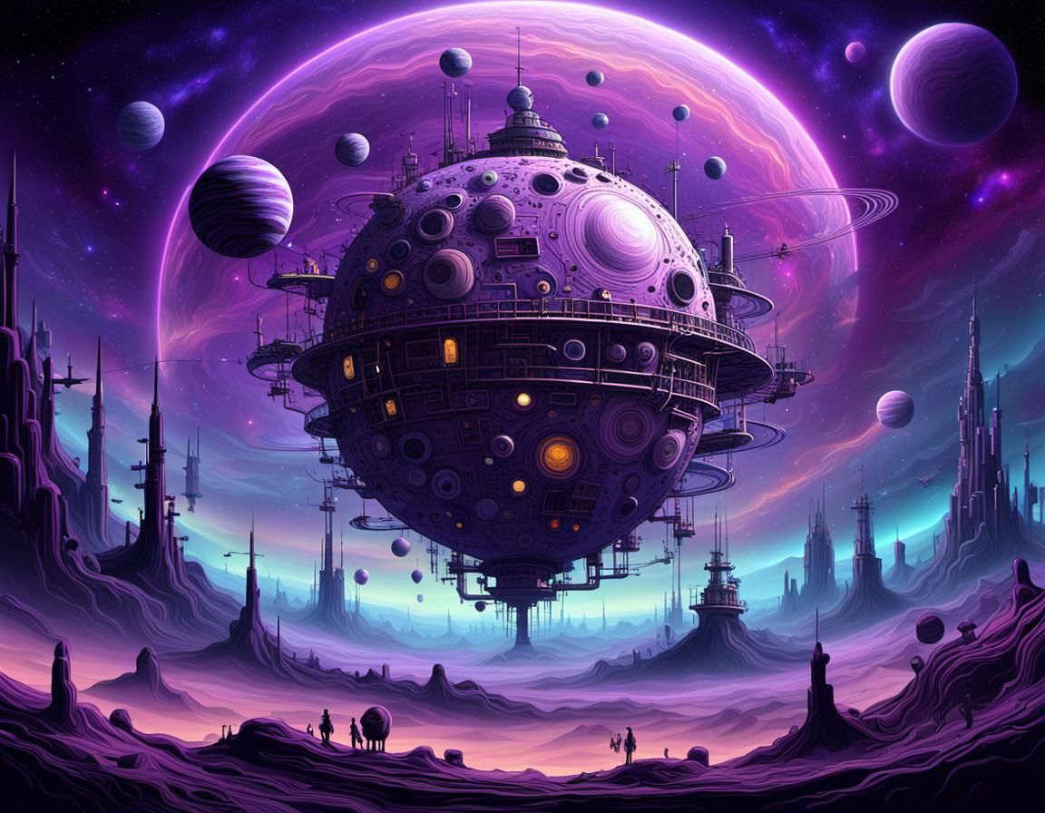 Nebula Planet in Neon Purple, Kandinsky Style