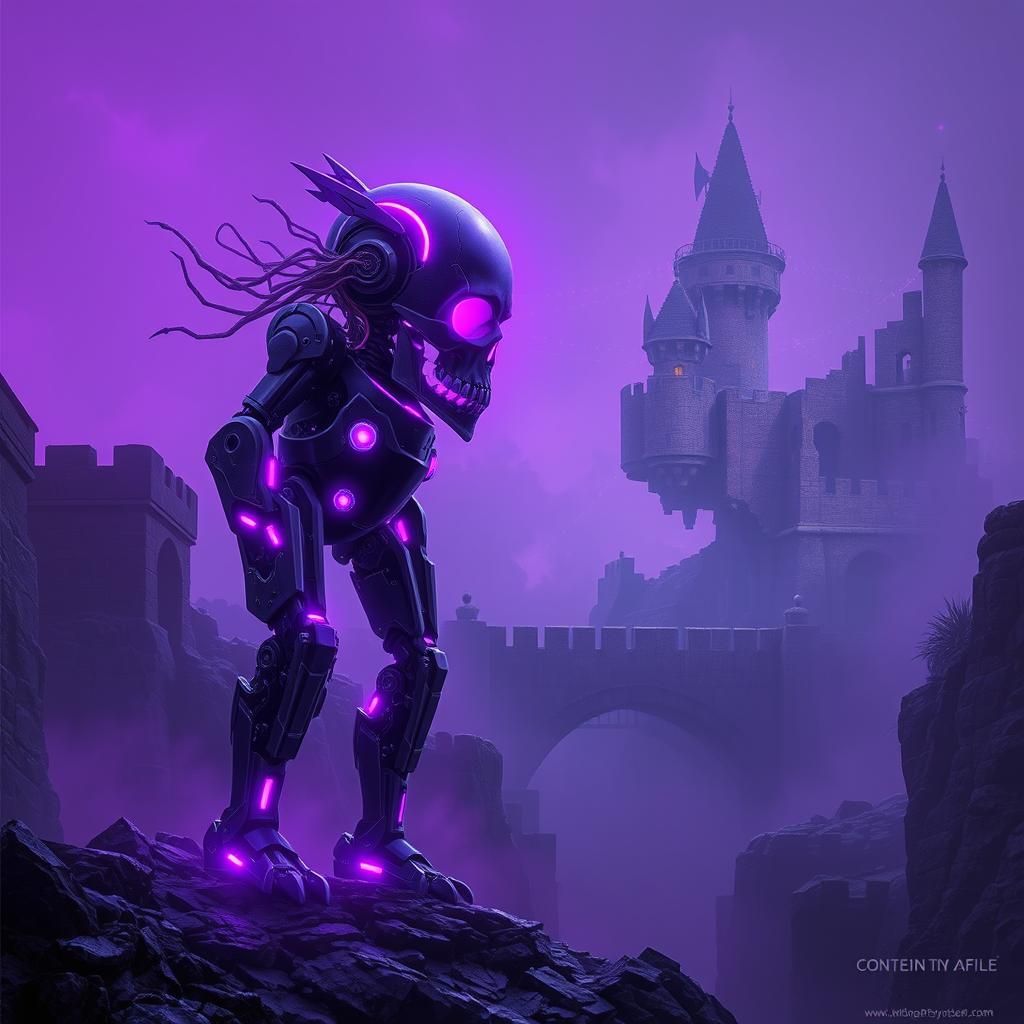Gothic Neon Robot with Skull Head in Fantasy Landscape