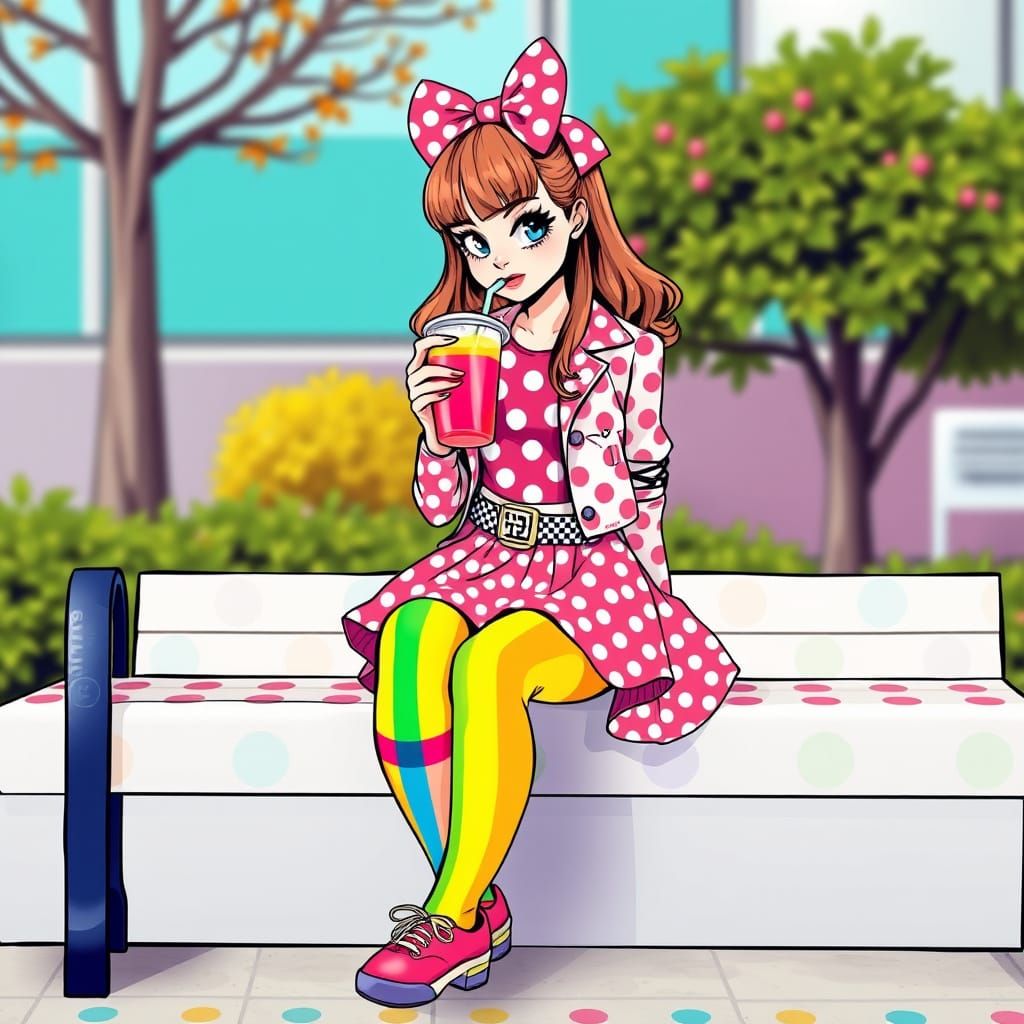 Quirky Gamer Girl in Polka Dot Comic Style