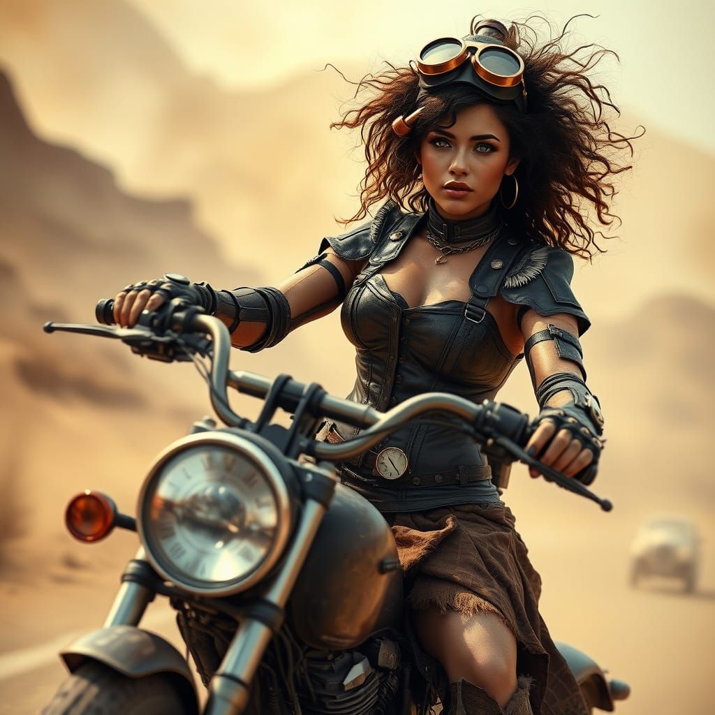 Steampunk Woman Rides Copper-Powered Motorcycle Through Dese...
