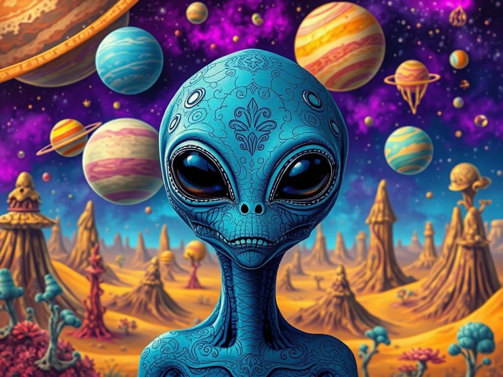 Cosmic Blue Planet with Mysterious Alien Figure