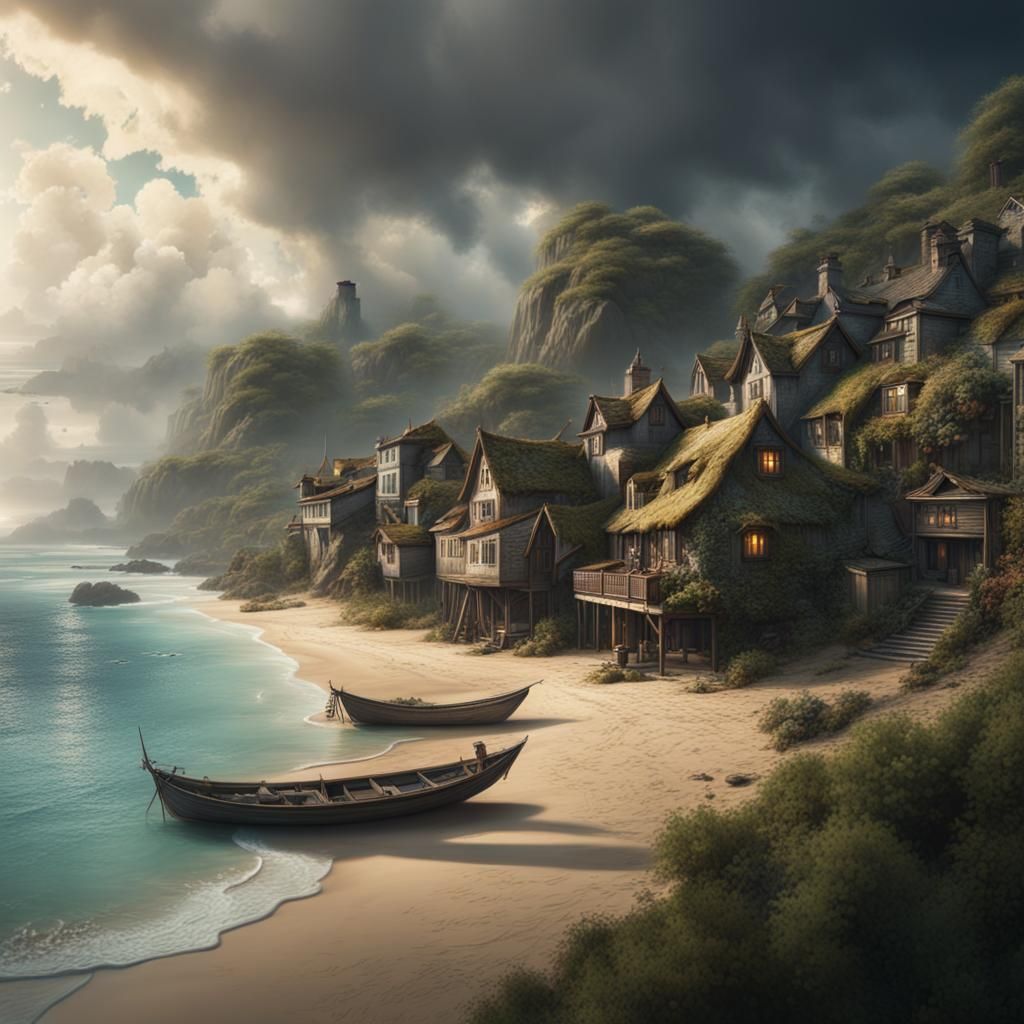 Picturesque Beachside Village in Digital Matte Painting