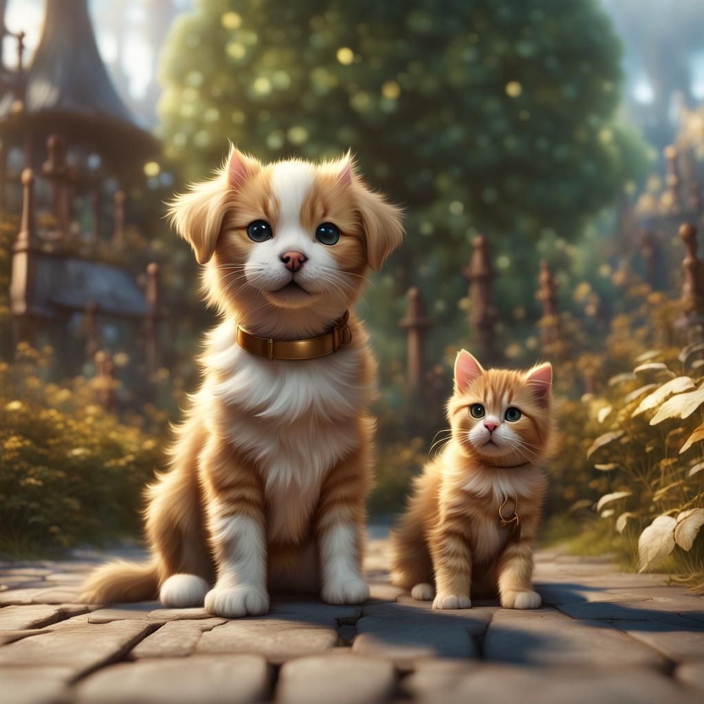 Golden Puppy and Kitten Play in Park