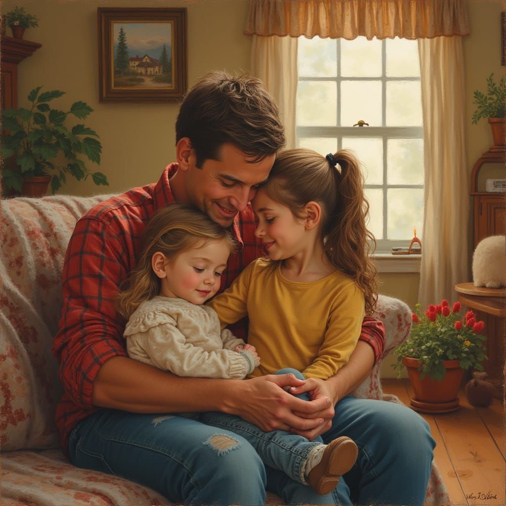 Cozy Family Embrace in Rockwell-esque Style