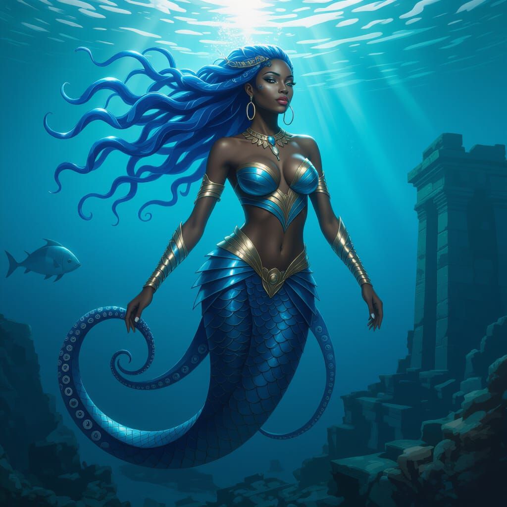 Underwater Kraken Girl Swimming Among Ruins