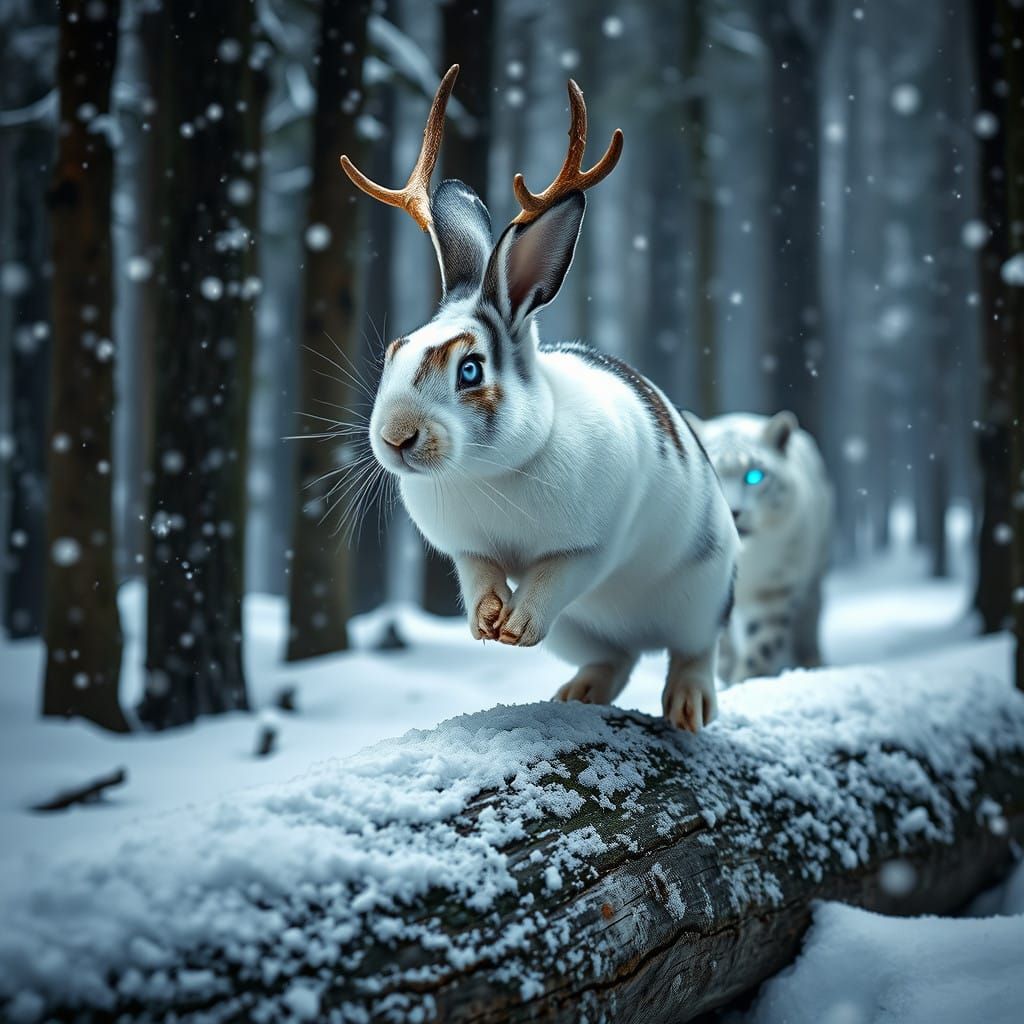 Majestic White Rabbit in Snowy Forest with Snow Leopard