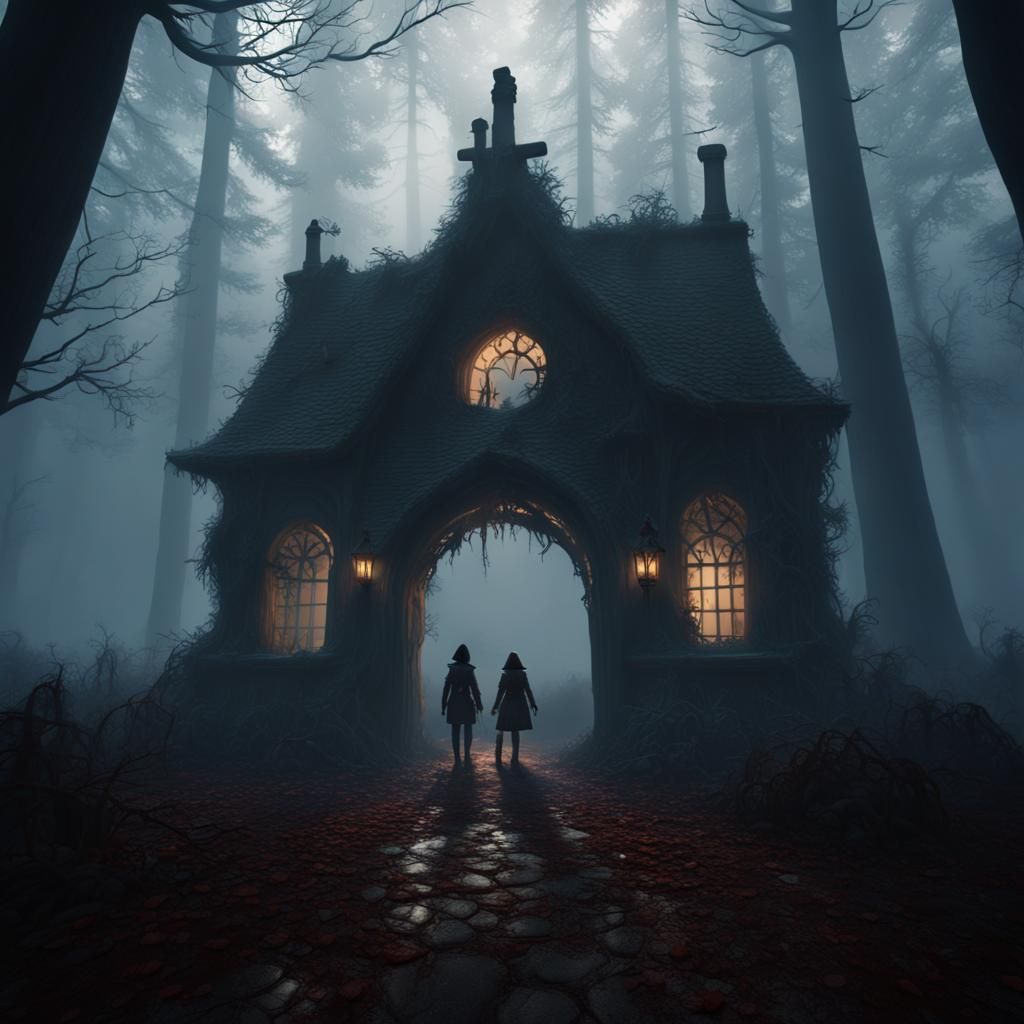 Hansel and Gretel in Dark Forest: Fantasy Art