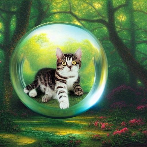 Mystic Cat in Glass Sphere, Ethereal Oil Painting