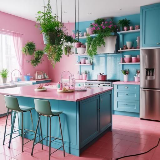 Modern Candy Pink and Blue Kitchen with Plants