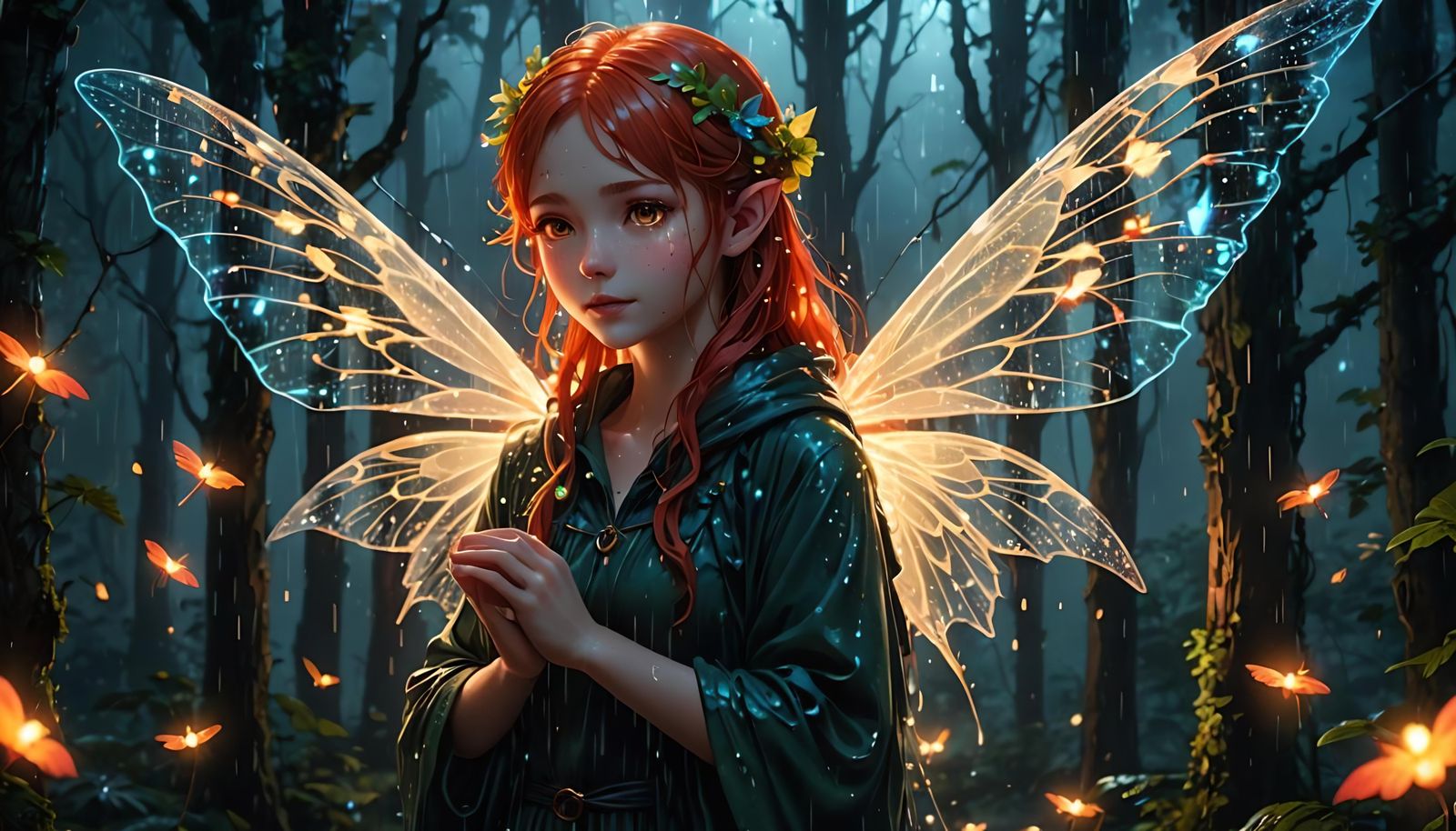 Anime Rain Fairy with Bioluminescent Hair in Forest