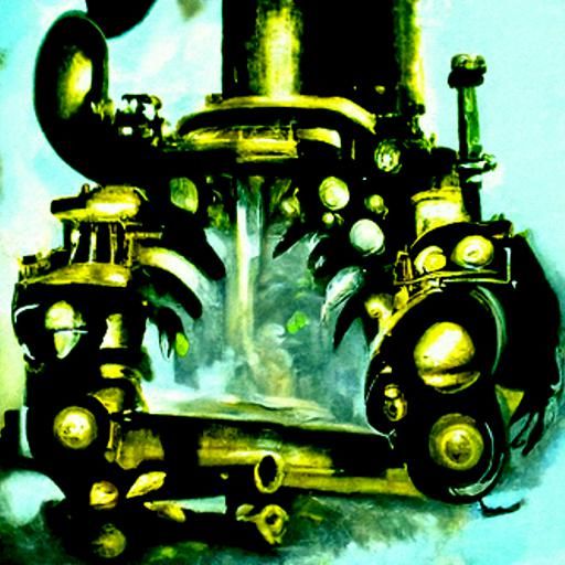 Steampunk Music Engine in Jungle Oil Painting