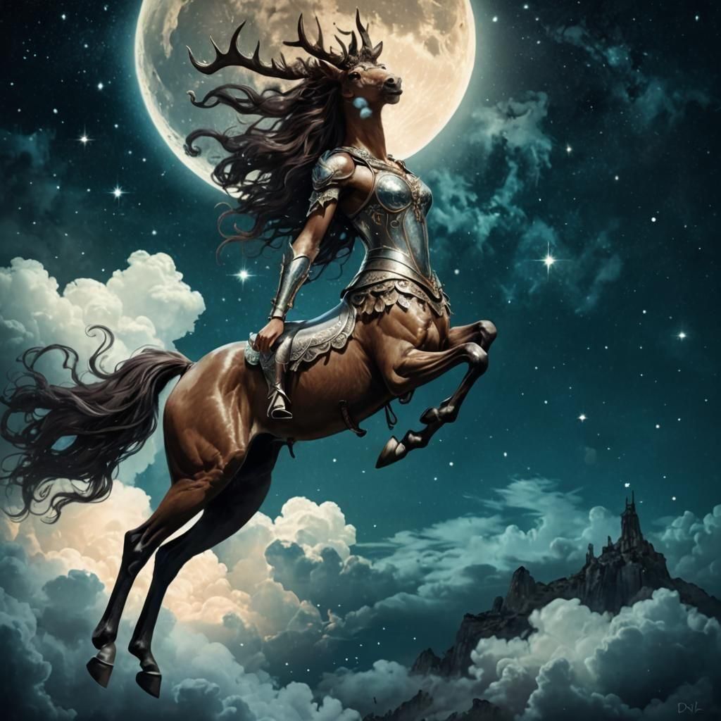 Armored Centaur with Antlers Hanging from the Moon